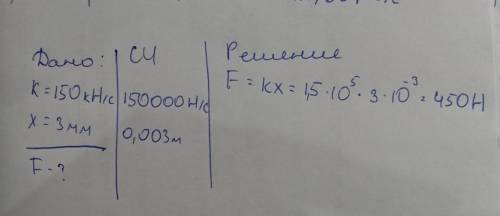 Какую силу надо приложить к концу проволоки с коэфицентом 150 кН/с чтобы растянуть её на 3мм