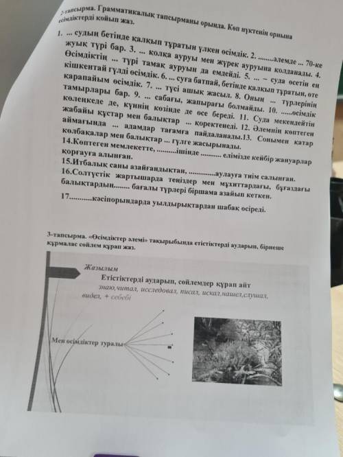 сделать 2 тапсырма. Грамматикалық тапсырманы орында.Көп нүктенің орнына есімдіктерді қойып жаз