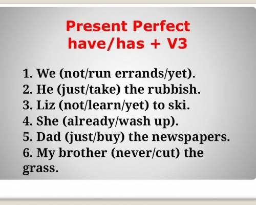 . 1.We (not/run errands/yet)2.He (just/take) the rubbish3.Liz (not/learn/yet) to ski4.She (already/w