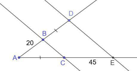 ВС || DE. AC = BD. AB = 20, CE = 45. Визначте АЕ