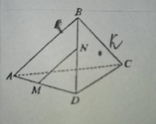 Построить сечение тетраэдра плоскость, проходящей через прямую MN и точку K, зная, что MN || AB, точ