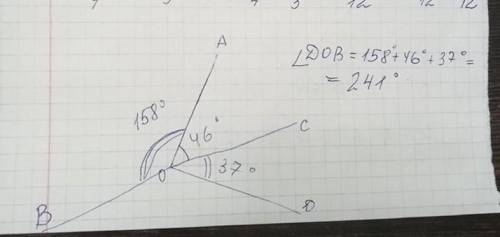 Из вершины угла AOC = 46° угол COD = 37°, угол AOB = 158°. Найти угол DOB.