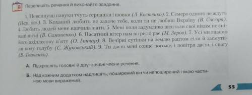 До іть будь ласка. Перепишіть речення й виконайте завдання. А.Підкресліть головні та другорядні член