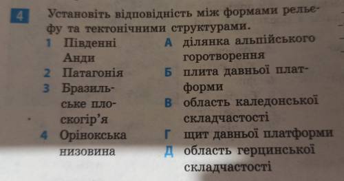 Установіть відповідність між формами рельєфу та тектонічними структурами материка Південна Америка