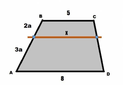 ОБЯЗАТЕЛЬНО без использования подобия треугольников.Найдите длину отрезка x внутри трапеции.