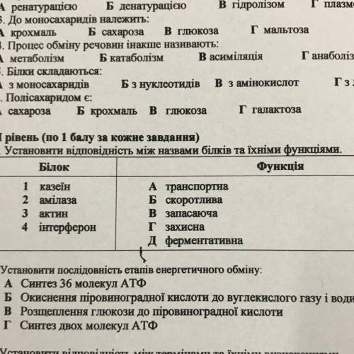 7. Установити відповідність між назвами білків та їхніми функціями.