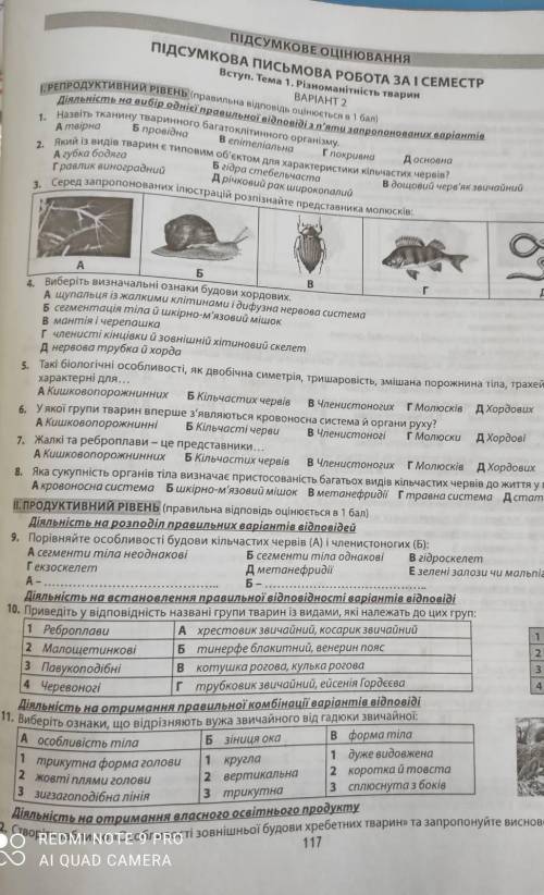 Підсумкова письмова робота за 1 семестр біологія 7 класс тема: Різноманітність тварин