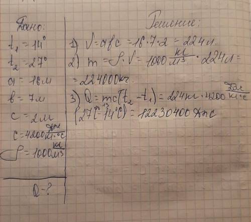 Определи, какое количество теплоты пойдёт на нагревание воды от 14°C до 27°C в бассейне, длина котор