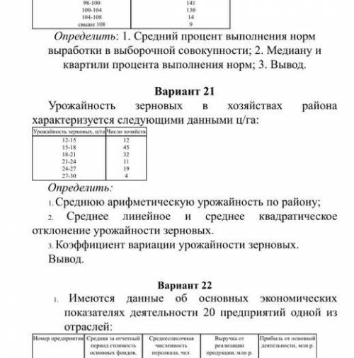 На фото 21 вариант) Урожайность зерновых в хозяйствах района характеризуется следующими данными ц/га