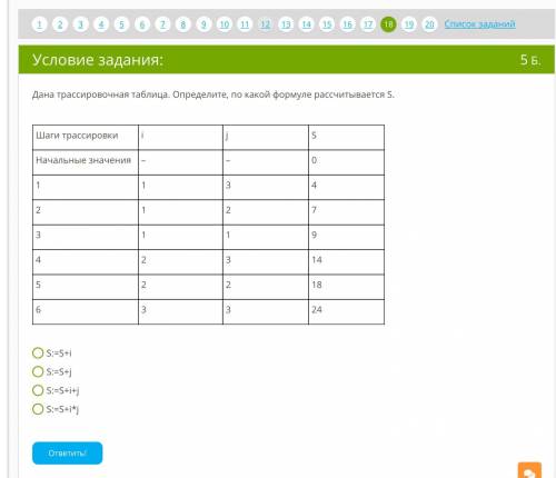 Дана трассировочная таблица. Определите, по какой формуле рассчитывается S. S:=S+i S:=S+j S:=S+i+j S