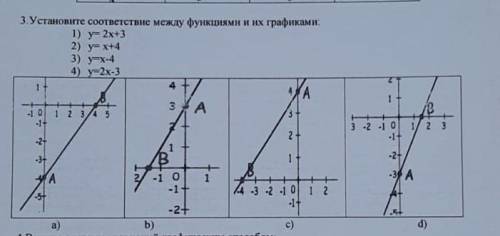 Укажите соответсвие между их функциями и их графиками1)у=2х+3 2)у=х+43)у=х-44)у=2х-3