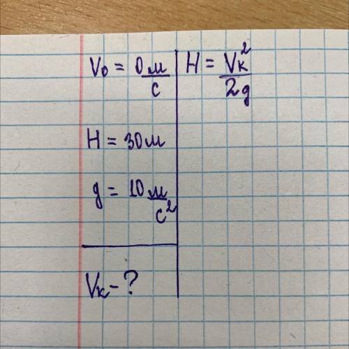 V0 = 0 м/с H = Vk(в квадрате) Н = 30 м g = 10 м/с —————— Vk - ? ,физик начал немного решать