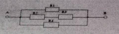 Проводники с сопротивлениями R1=6 Om, R2=3 Om, R3=3 Om, R4=6 Om объединяются согласно схеме. Определ