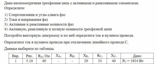 Дана несимметричная трехфазная цепь с активными и реактивными элементами.