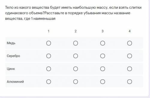 Тело из какого вещества будет иметь наибольшую массу, если взять слитки одинакового объема?Расставьт