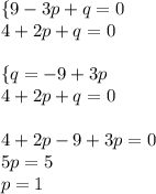 \{9 - 3p + q = 0 \\ 4 + 2p + q = 0 \\ \\ \{q = - 9 + 3p \\ 4 + 2p + q = 0 \\ \\ 4 + 2p - 9 + 3p = 0 \\ 5p = 5 \\ p = 1