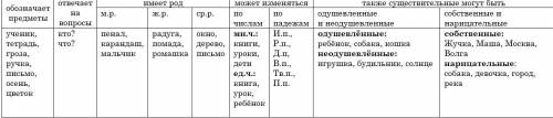 Составить таблицу знаний об имени существительном. Составить 3 предложения с существительными общего