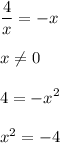 \displaystyle \frac{4}{x}=-x x\neq 04=-x^2 x^2=-4