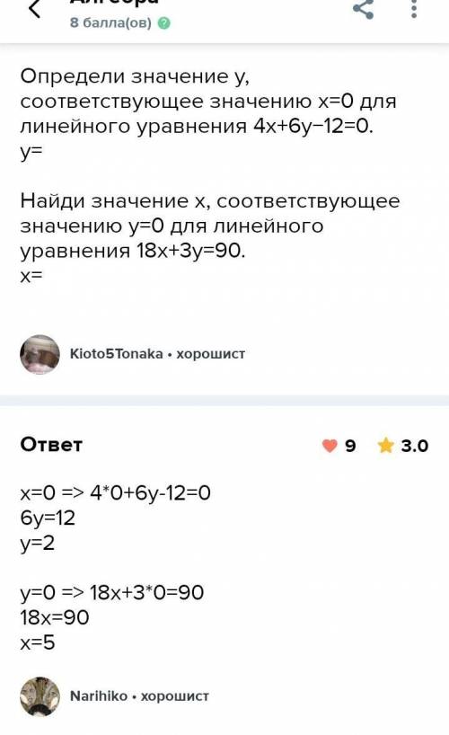 Найди значение y, соответствующее значению x=0 для линейного уравнения 6x+6y−12=0. ответ: y= .