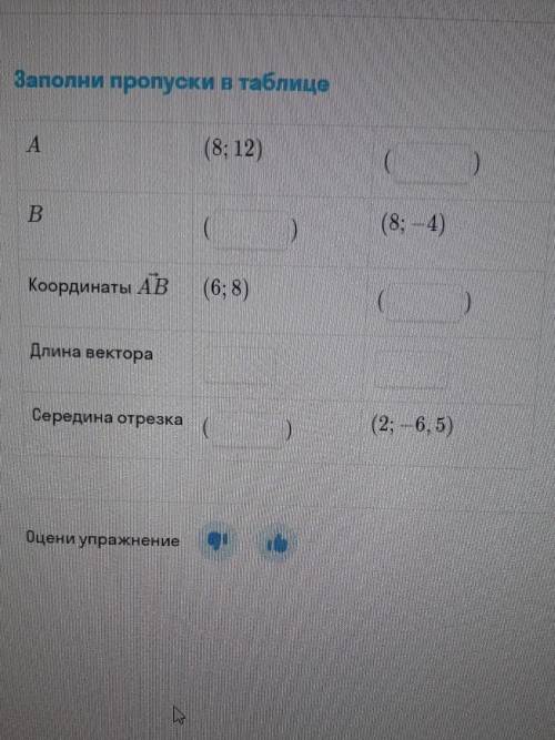 Заполни пропуски в таблице ПП а) A (8; 12) ( E ) B. ( ) (8; -4) Координаты AB (6;8 ( ) Длина вектора