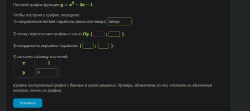 с алгеброй, Построй график функции y=x2−2x−1. Чтобы построить график, определи: 1) направление ветве