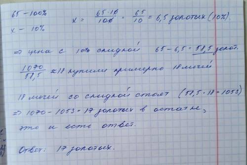 Меч в волшебной кузнице стоил 65 золотых. При покупке в таких мечей со скидкой 10 % привезли 1070 зо