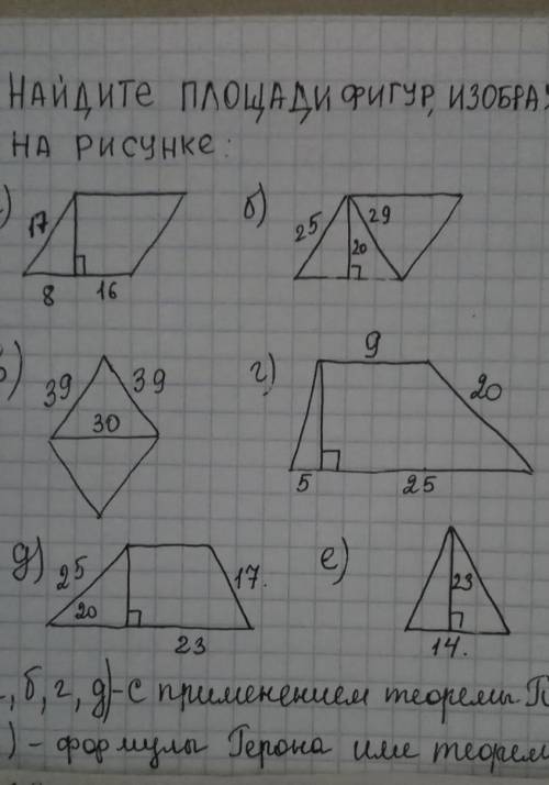 найдите площади фигуа,б,г,д по теореме Пифагора в по теореме Герона или Пифагора