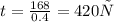 t = \frac{168}{0.4} = 420с