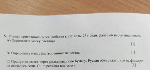 Руслан приготовил смесь добавив к 75 г воды 25 г соли далее перемешал смесь. В) Определите массу рас