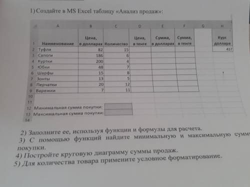 Порядок действий: 1)Создайте в MS Excel таблицу «Анализ продаж»: Н Цена, Курс Цена, в тенге Сумма, С