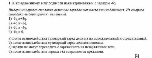 К незаряженному телу поднесли наэлектризованное с зарядом -6q Выбери из первого столбика величины за