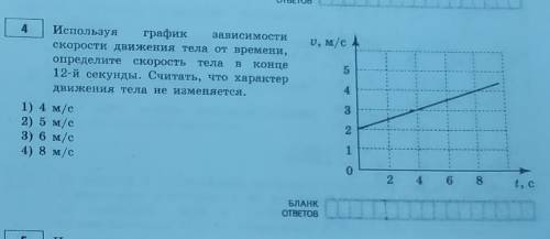 Используя график зависимости скорости движения тела от времени, определите скорость тела в конце 12-