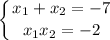 \displaystyle \left \{ {{x_{1} + x_{2} = -7} \atop {x_{1}x_{2} = -2}} \right.