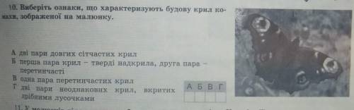 10. Виберіть ознаки, що характеризують будову крил комахи, зображеної на малюнку .