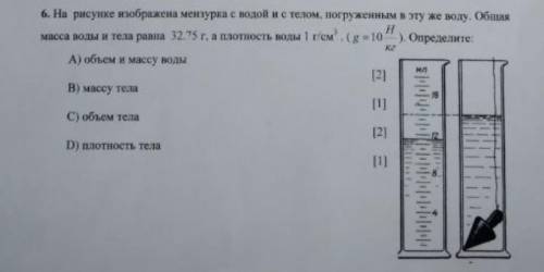 6. На рисунке изображена менурка с водой и с телом, погруженным в ту же юлу. Обя масса воды и тела р