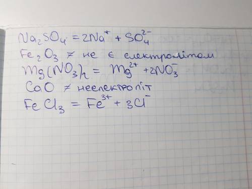 На які йони дисоціюють речовини Na2SO4, Fe2O3, Mg(NO3)2, CaO, FeCl3