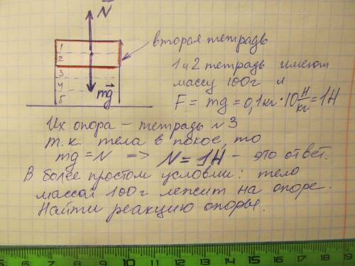 ДА тетрадей лежат одна на другой на столе, каждая из них имеет массу 50г, найти силу реакции опоры,