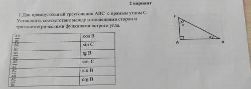 дан прямоугольный треугольние авс с прямым углом с.установить соответствие между отношениями сторон