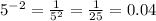 5 ^{ - 2} = \frac{1}{5 ^{2} } = \frac{1}{25} = 0.04