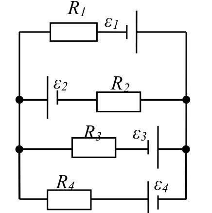 В схеме, изображенной на рис.3.23, ε1=1,0В, ε2=2,0 В, ε3=3,0 В, ε4=4,0 В, R1=1,0 Ом, R2=2,0 Ом, R3=