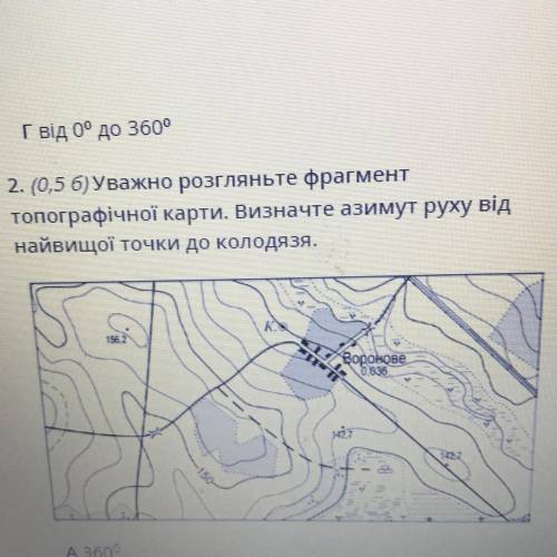 Уважно розгляньте фрагмент топографічної карти. Визначте азимут руху від найвищої точки до колодязя.