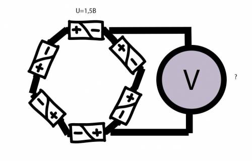 Шесть пальчиковых батареек, напряжением 1,5В соединили друг с другом и подключили вольтметр как пока
