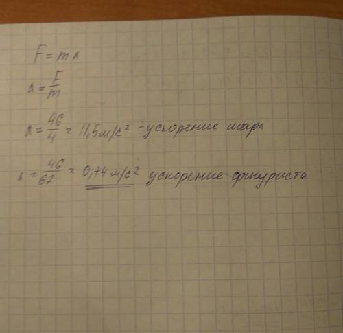 Фигурист массой 62 кг, стоя на коньках, с силой 46 Н отталкивает от себя шар массой 4 кг. С точность