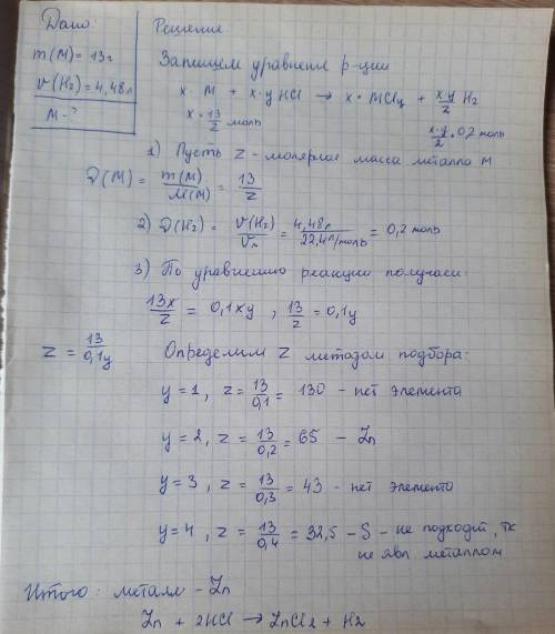 При растворении в разбавленной соляной кислоте 13 г металла выделилось 4.48 л (н.у.) водорода. Опред