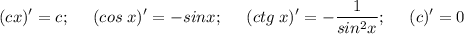 \displaystyle (cx)'=c;\;\;\;\;\;(cos\;x)'=-sinx;\;\;\;\;\;(ctg\;x)'=-\frac{1}{sin^2x} ;\;\;\;\;\;(c)'=0