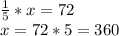 \frac{1}{5} *x=72\\x=72*5=360