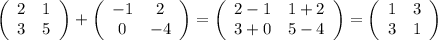 \left(\begin{array}{ccc}2&1\\3&5\end{array}\right)+\left(\begin{array}{ccc}-1&2\\0&-4\end{array}\right)=\left(\begin{array}{ccc}2-1&1+2\\3+0&5-4\end{array}\right)=\left(\begin{array}{ccc}1&3\\3&1\end{array}\right)