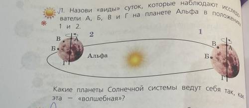 1. Назови «Виды» суток, которые наблюдают ИССледователи А, Б, В, Г планете Альфа в положениях 1 и 2.