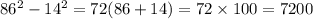 86 {}^{2} - 14 {}^{2} = 72(86 + 14) = 72 \times 100 = 7200