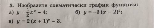 Изобразите схематически график функции: а) у=1/2х2-4 б) у=-3(х-2)2 в) у=2(х+1)2 -3